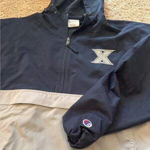 Champion Xavier Musketeers Navy Gray Hooded windbreaker Jacket Size L